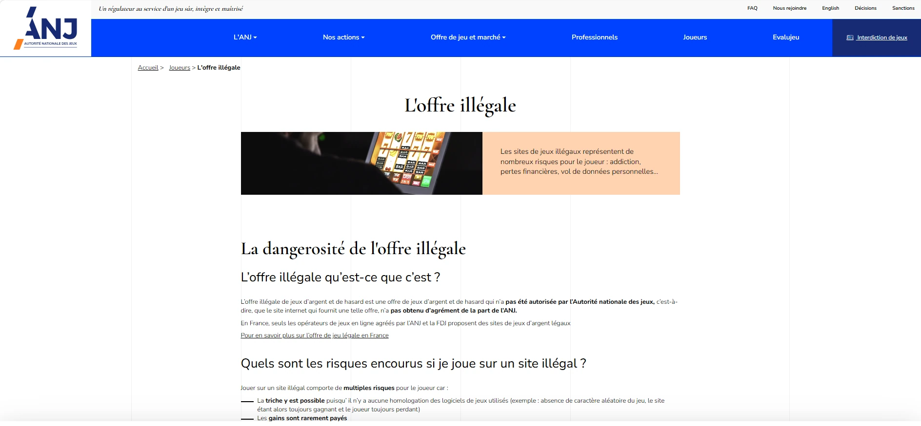 Capture de la page de l'ANJ expliquant le statut des casinos en ligne en France