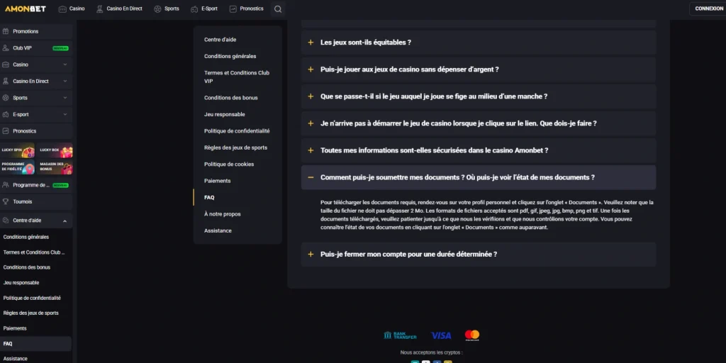 Capture de la FAQ officielle Amonbet sur l