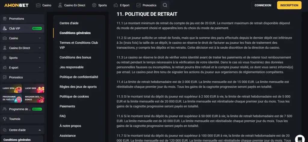 Capture des conditions officielles Amonbet relatives aux limites de retrait