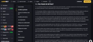 Capture des conditions officielles Amonbet relatives aux limites de retrait