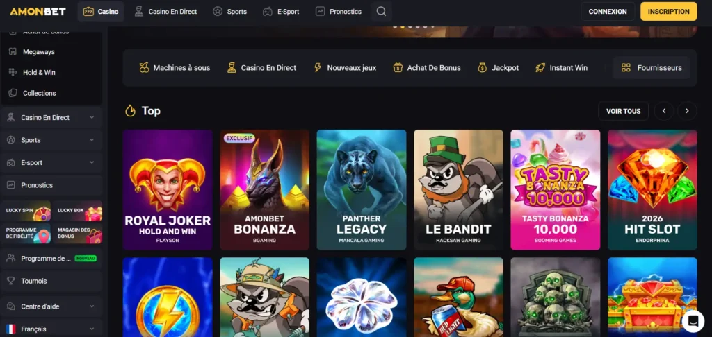 Capture du lobby Amonbet montrant catégories de jeux, filtres et fournisseurs