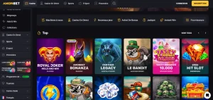 Capture du lobby Amonbet montrant catégories de jeux, filtres et fournisseurs