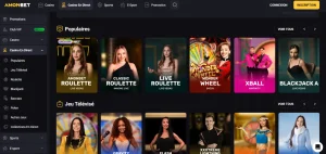 Capture du lobby Live Casino Amonbet avec catégories de jeux en direct