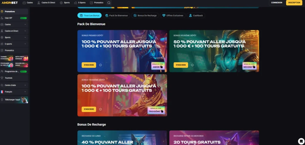 Capture du pack de bienvenue Amonbet avec les trois dépôts et leurs codes