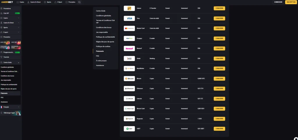 Capture du tableau de paiements Amonbet avec cartes, virement et cryptomonnaies
